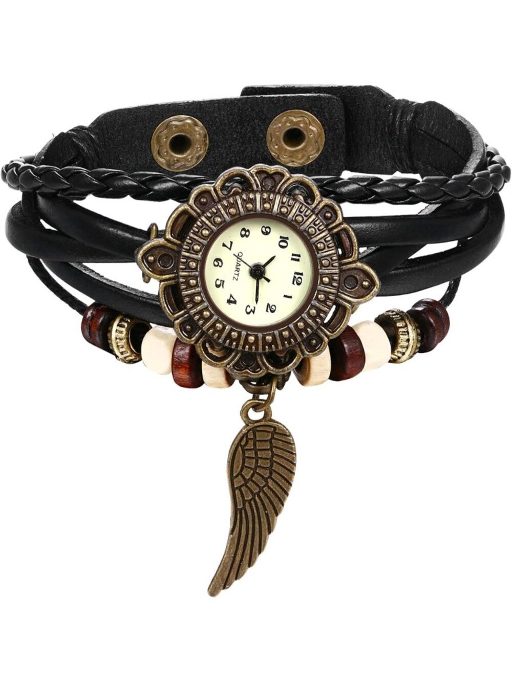Women's Feather Black Fashion Vintage Classic Weave Wrap Around Quartz Watches